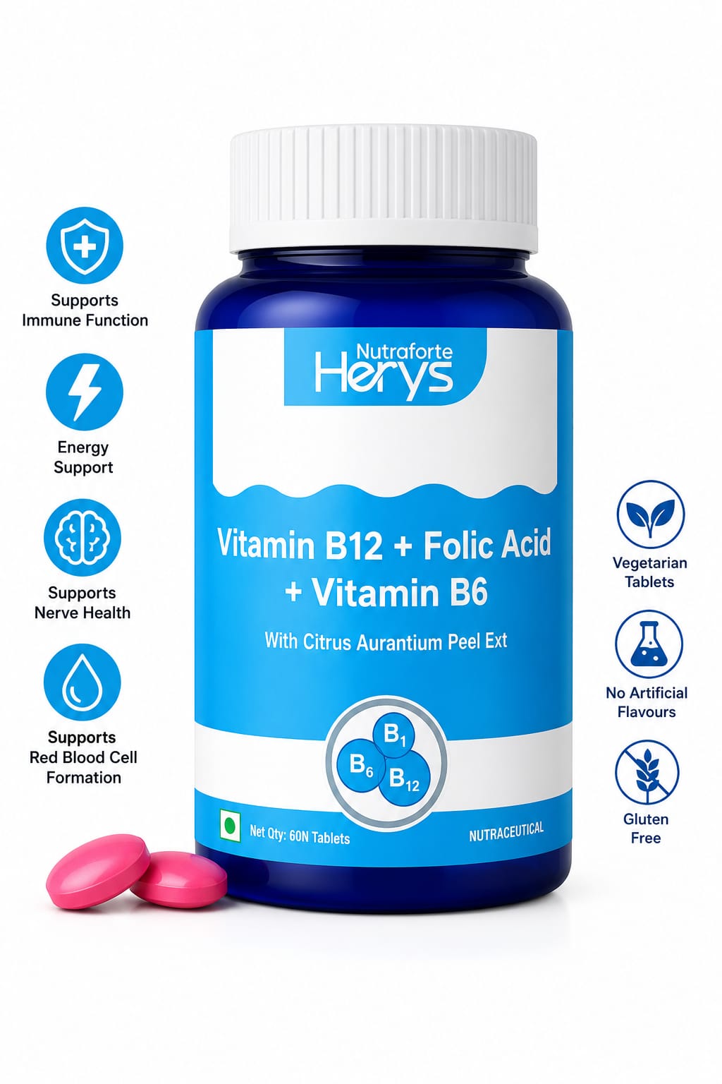 Herys Nutrafort Vitamin B12 with Vit B1, Vit B2, Vit B6, Vit B9 | Vitamin B12 Supplements for Men & Women | Methylcobalamin with Vit B1, Vit B2, Vit B6, Vit B9 Tablets - 60 Tablets