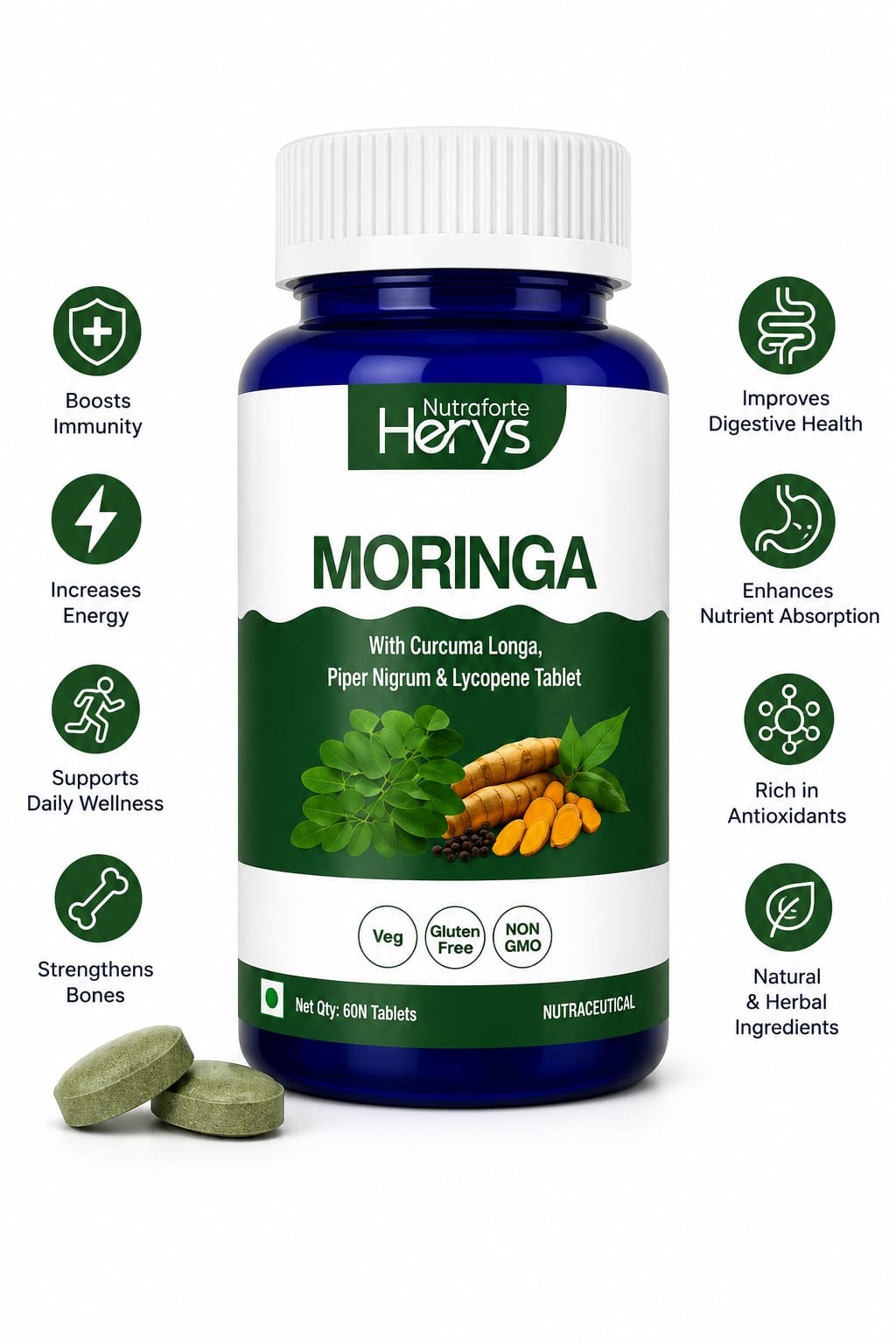 Herys Nutrafort Moringa Tablet with 1000mg Leaves Extract | Moringa Powder Tablets for Immunity, Digestion & Energy | Tablets 60