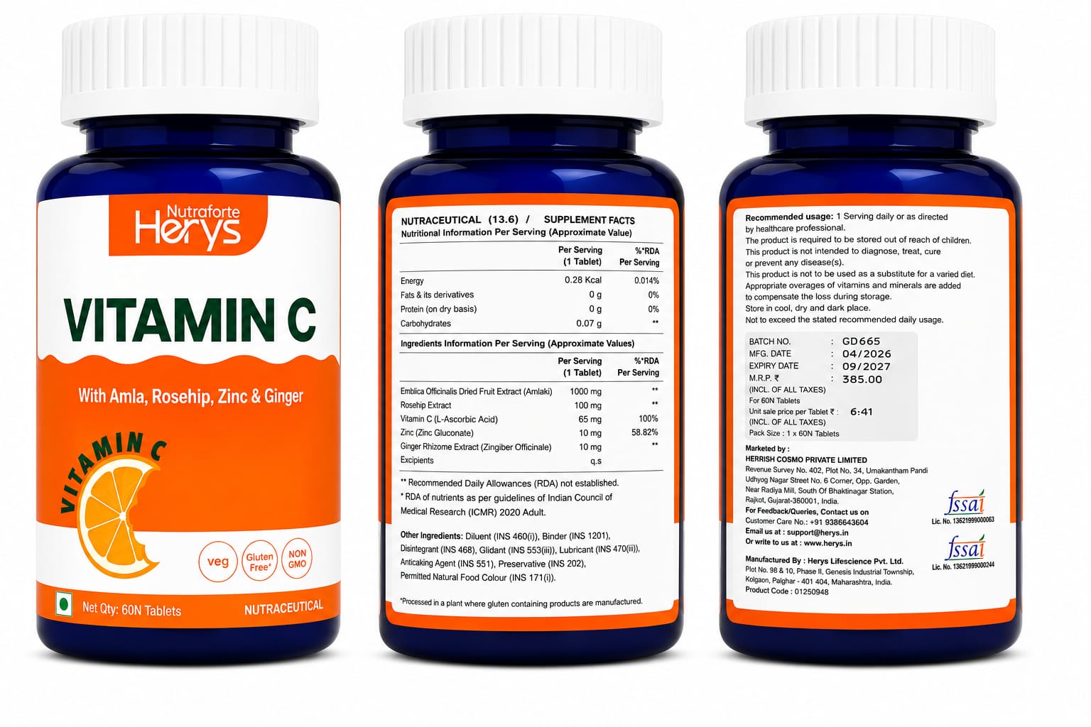 Herys Nutraforte Vitamin C Supplements with Amla & Ginger Extract, Rosehip, Zinc For Immunity & Skincare | Vitamin C Tablets | Vitamin C Supplements - 60 Tablets