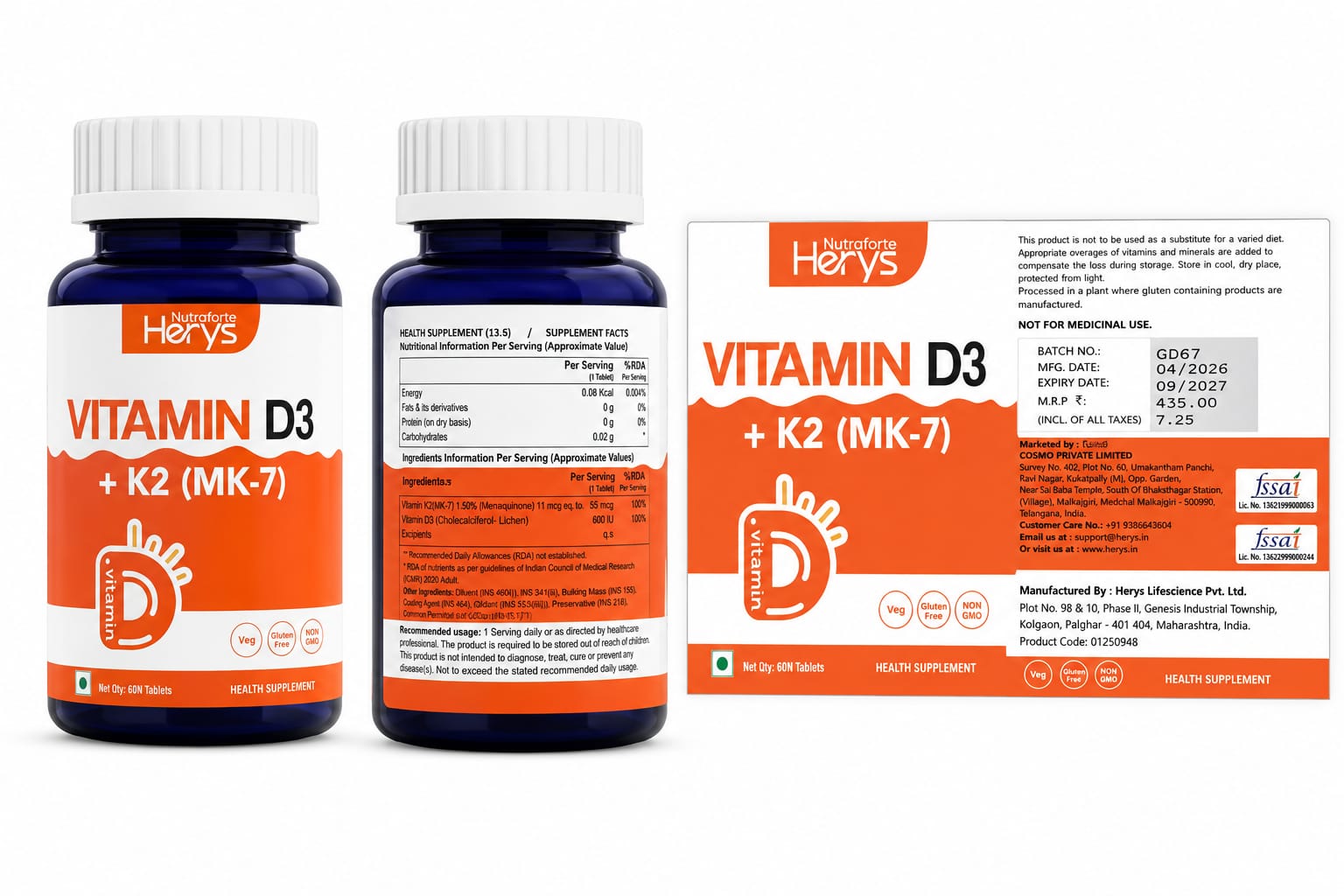 Herys Nutrafort Vitamin D3 K2 Supplement | Vitamin K2 MK7 to support Bone & Heart Health | 60 Tablets