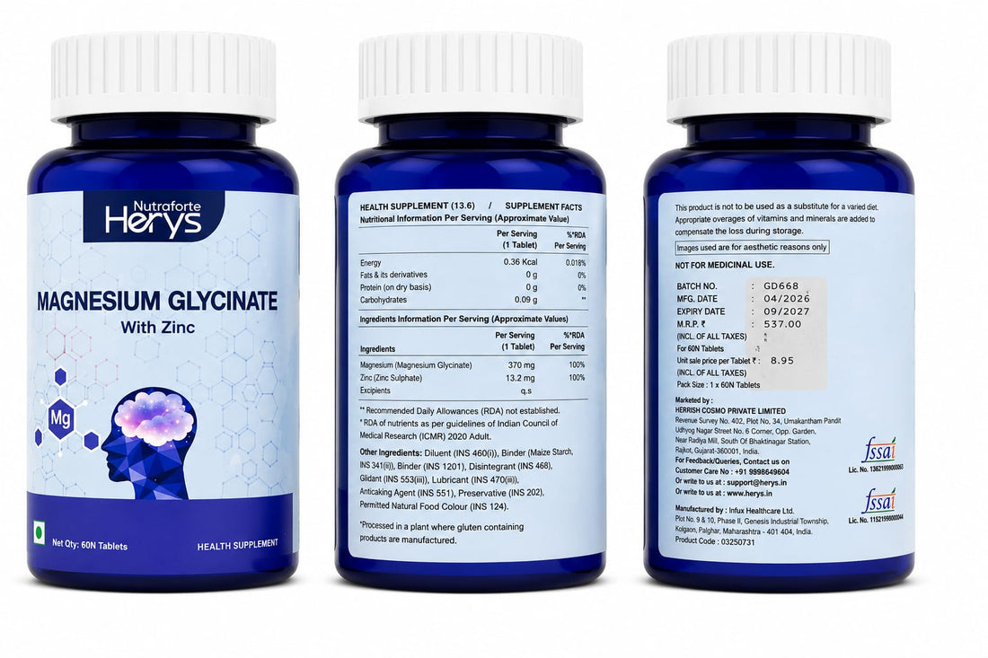 Herys Nutrafort Magnesium Glycinate Supplement 2000mg Per Serving | Magnesium Supplement Supports Muscle Recovery &amp; Better Sleep - 60 Veg Tablets