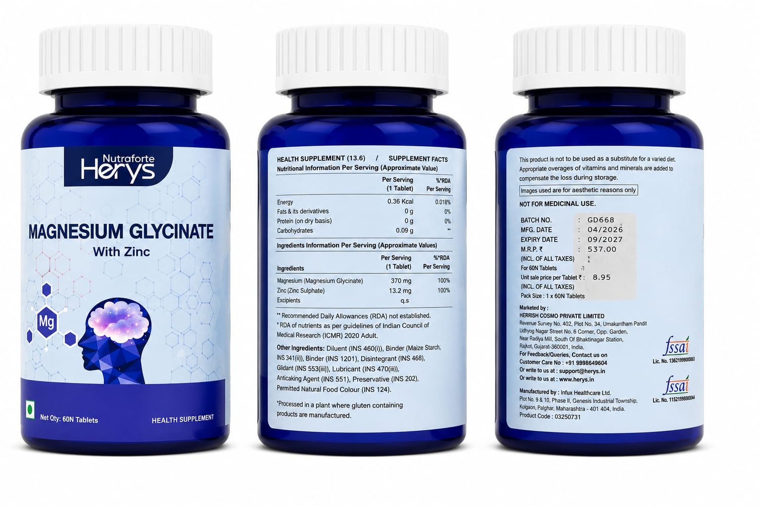 Herys Nutrafort Magnesium Glycinate Supplement 2000mg Per Serving | Magnesium Supplement Supports Muscle Recovery &amp; Better Sleep - 60 Veg Tablets