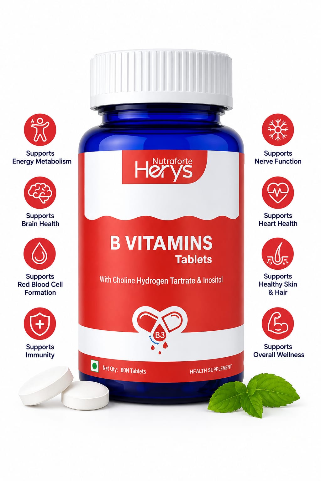 Herys Nutrafort Vitamin B-Complex Tablets - 100% RDA for B Vitamins with B1, B2, B3, B5, B6 &amp; Vitamin B12